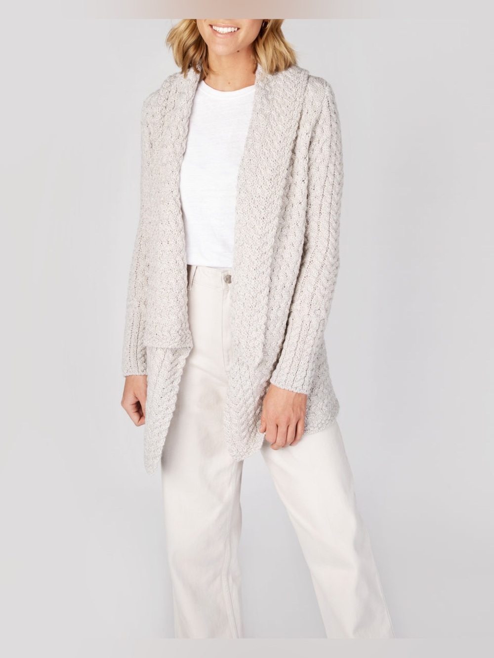 Ireland’s Eye Grey Cable knit Glenross Wool Waterfall Cardigan, Small